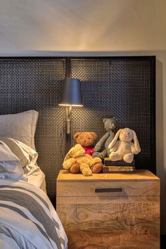 two stuffed animals sitting on top of a nightstand