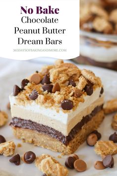 chocolate peanut butter ice cream bars are stacked on top of each other and topped with cookies