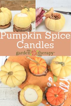 pumpkin spice candles are sitting on top of a cutting board and in the middle is an image of mini pumpkins