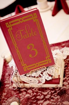 a table with a red book on top of it and some candles in front of it