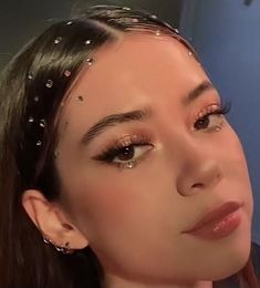 Pearly Hairstyle, Euphoria Prom Theme Outfits, Prom Hairstyle Straight Hair, Glitter Night Outfit, Homecoming Makeup With Rhinestones, Olivia Rodrigo Concert Hair Ideas, Outfit Ideas For 21st Birthday, Eras Tour Makeup Ideas Folklore, Bedazzled Hairstyles