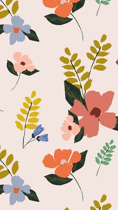 colorful flowers and leaves on a light pink background seamless wallpaper with green, red, blue, orange, yellow