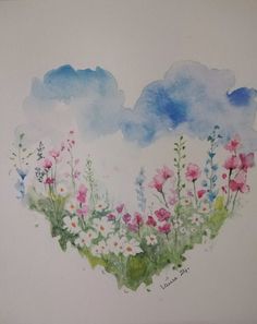 a watercolor painting of flowers and clouds in the shape of a heart on a white background