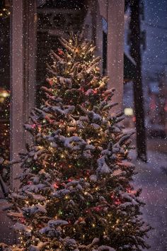 a christmas tree with lights and snow on it in front of an open door at night