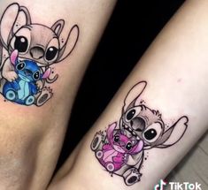 two tattoos on the legs of people with small animals and hearts in their hands,