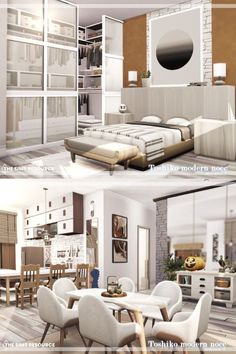 there are two pictures of the interior of a bedroom and living room with furniture in it