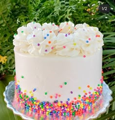 a white cake with sprinkles and frosting