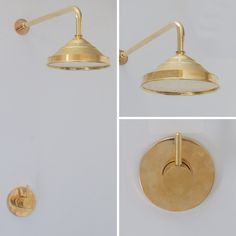 three different views of an old fashioned brass shower head and the wall mounted light fixture