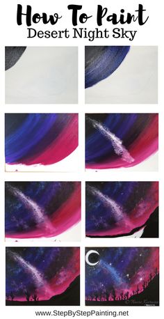 how to paint desert night sky with purple, blue and pink streaks on the side