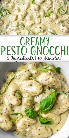 creamy pesto gnocchi with spinach leaves in a white bowl and green basil garnish on top