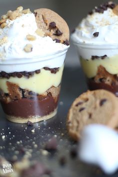 two dessert cups filled with cookies and whipped cream