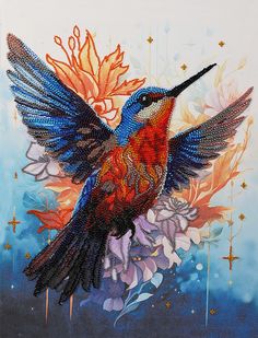 a painting of a colorful bird with wings outstretched