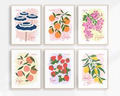 four framed art prints with fruit and flowers