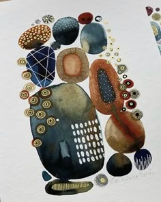 an abstract painting on paper with circles and dots in the shape of a vase, surrounded by other objects