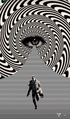 a man walking through a tunnel with an eye in the center and another person looking at him