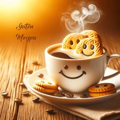 a cup filled with cookies sitting on top of a saucer