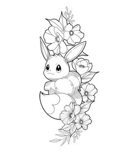 a black and white drawing of a bunny with flowers