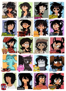 many different cartoon characters are depicted in this image, including one with black hair and the other