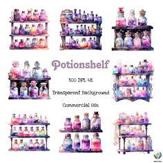 an assortment of bottles on shelves with text that reads potshopf 200 dpi uk transparent background commercial use