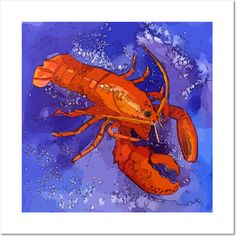 a painting of a lobster in blue water with bubbles on it's back end