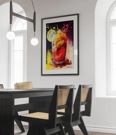 a painting hanging on the wall above a dining room table