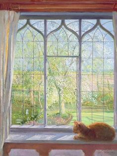 a painting of a cat sitting on a window sill looking out at the yard