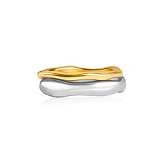 Two bands, cast from hand-sculpted wax models in the “Squiggle” silhouette, are perfectly made to stack with each-other or worn separately.  Crafted to be enjoyed and admired, these two-tone rings will bring an artful and unique touch to any outfit. High polished to a high gloss in this bold, elegant ring. Wear it all day in anticipation of an evening out; it will not go unnoticed. Materials: Silver: Stainless Steel. Gold: 18K Gold Vermeil Stainless Steel 100% Eco-Friendly; No Nickel, Chromium a Irregular Rings, Rings Thick, Silver Bands, Gift Inspo, August Birthstone Jewelry, July Birthstone Jewelry, Jewelry Ring Box, Pearl Jewellery Earrings, Men's Jewelry Rings