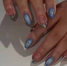 Mixed Nail Art, Periwinkle Nail Designs, 1989 Inspired Nails, Navy Nails With Chrome, Cat Eye And Chrome Nails, Super Short Almond Nails, Short Chrome Nails Designs, Short Nail Designs Blue, Nail Art Designs Purple