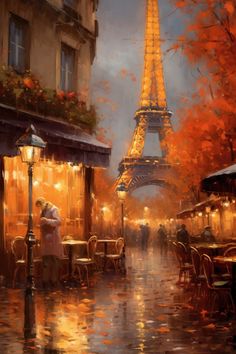 a painting of the eiffel tower in paris with people sitting at tables under umbrellas