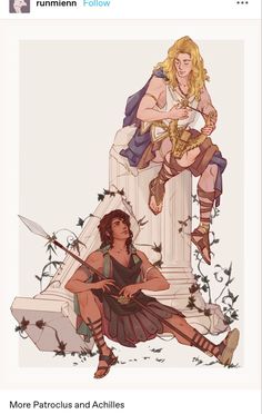 two women sitting on top of a pillar next to each other with swords in their hands