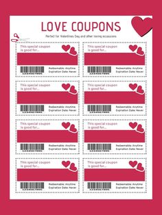 love coupons for valentine's day with hearts on the front and red background