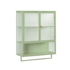 a green cabinet with glass doors on the top and bottom shelf, in front of a white background