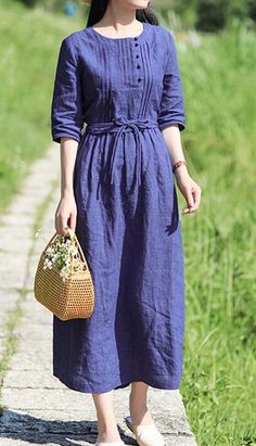 Navy Blue Women Dresses Ramie Casual Spring Linen Women Dresses Formal Cotton Dress, Casual Long Dresses For Women, Modest Day Dresses, Modest Cotton Dresses, Blue Paisley Dress, Modest Linen Dress, Pretty Dresses Casual Simple, Linen Womens Clothes, Women's Fashion Dresses Casual Simple