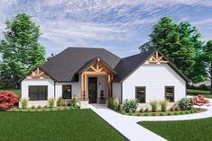 this is an artist's rendering of the front elevation of a house with landscaping