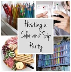 a collage of different pictures with the words hosting a gourmet and sip party