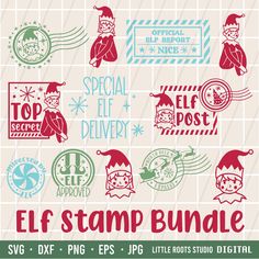 the elf stamp bundle includes stamps, stickers, and other holiday items to use on your project