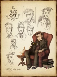 a drawing of a man sitting in a chair with his cat on his lap and other drawings behind him