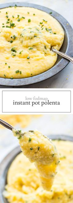 a spoon with some food in it and the words instant pot polenta above it