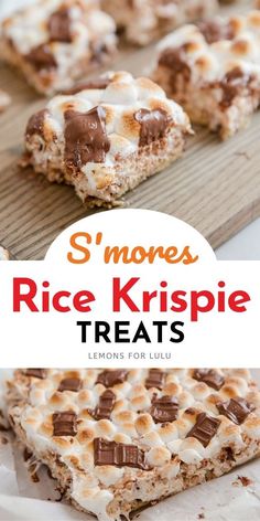 s'mores rice krispie treats on a cutting board with text overlay