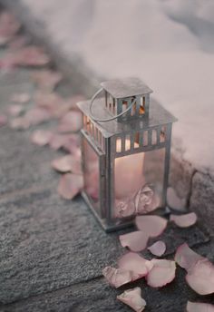 a lit candle sitting on the ground next to petals