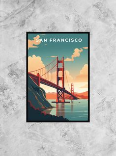 the golden gate bridge in san francisco, california on a marble surface with water and clouds