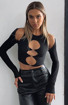 Dark Feminine Aesthetic, Feminine Aesthetic, Basic Long Sleeve, Cut Out Design, White Fox, Long Sleeve Crop, Black Bottoms, Say Hi, Birthday Outfit