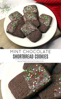 chocolate shortbread cookies with sprinkles on a white plate