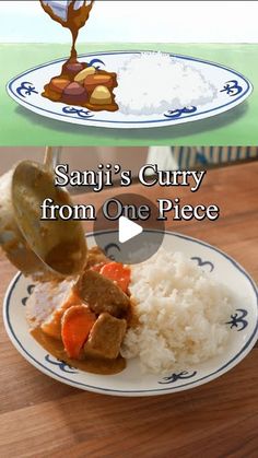 a plate with rice, meat and vegetables on it next to another plate with food