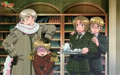 three anime characters standing around a table in front of bookshelves with drinks on it