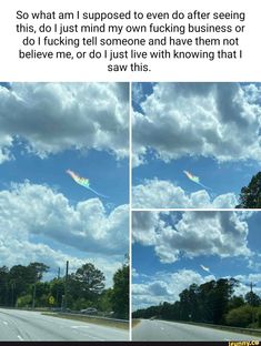 there is a rainbow in the sky and some clouds on the side of the road