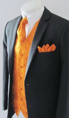 Fits For Guys, Tailored Fashion, Orange Suit, Orange Tone, Mens Waistcoat, Men's Waistcoat, Yellow Clothes, Dress Vest, Wedding Outfit Men