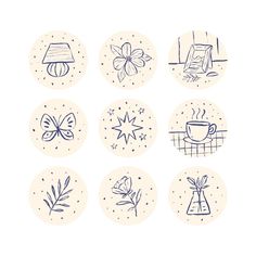 six different hand drawn icons with flowers, candles and other things in them on a white background