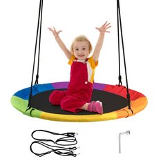 Our flying saucer tree swing will bring much pleasure to your family! . Made with a sturdy steel frame and heavy-duty 600D oxford fabric for comfort, this indoor/outdoor swing will have your kids playing for hours on end. It is built to withstand 700 lbs of static weight and features a round base with strong fabric that will last. And you can freely adjust the height of the rope to meet different needs. It can be easily connected to trees or swing hangers. Your children can safely sit, lie down, Outdoor Play Set, Playground Swings, Tree Swing, Multiplication For Kids, Outdoor Swing, Flying Saucer, Swing Set, Play Set, Outdoor Toys