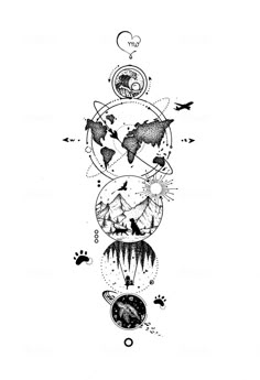 a black and white drawing of animals in the sky